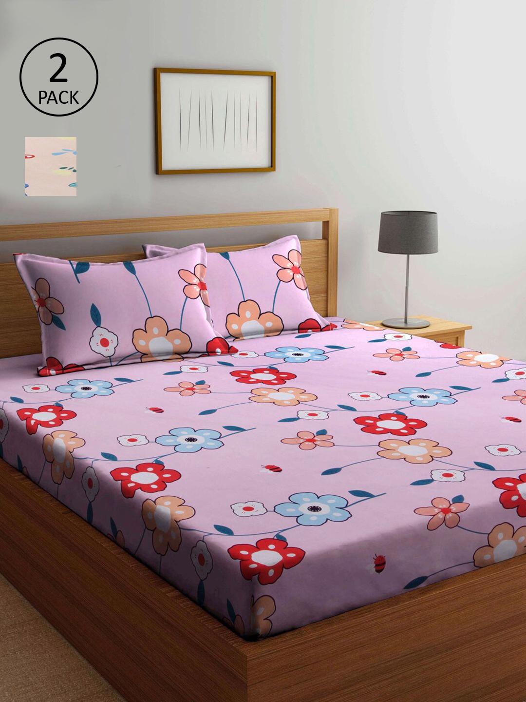 

KLOTTHE Peach-Coloured & Lavender Floral 210 TC 2 King Bedsheet with 4 Pillow Covers
