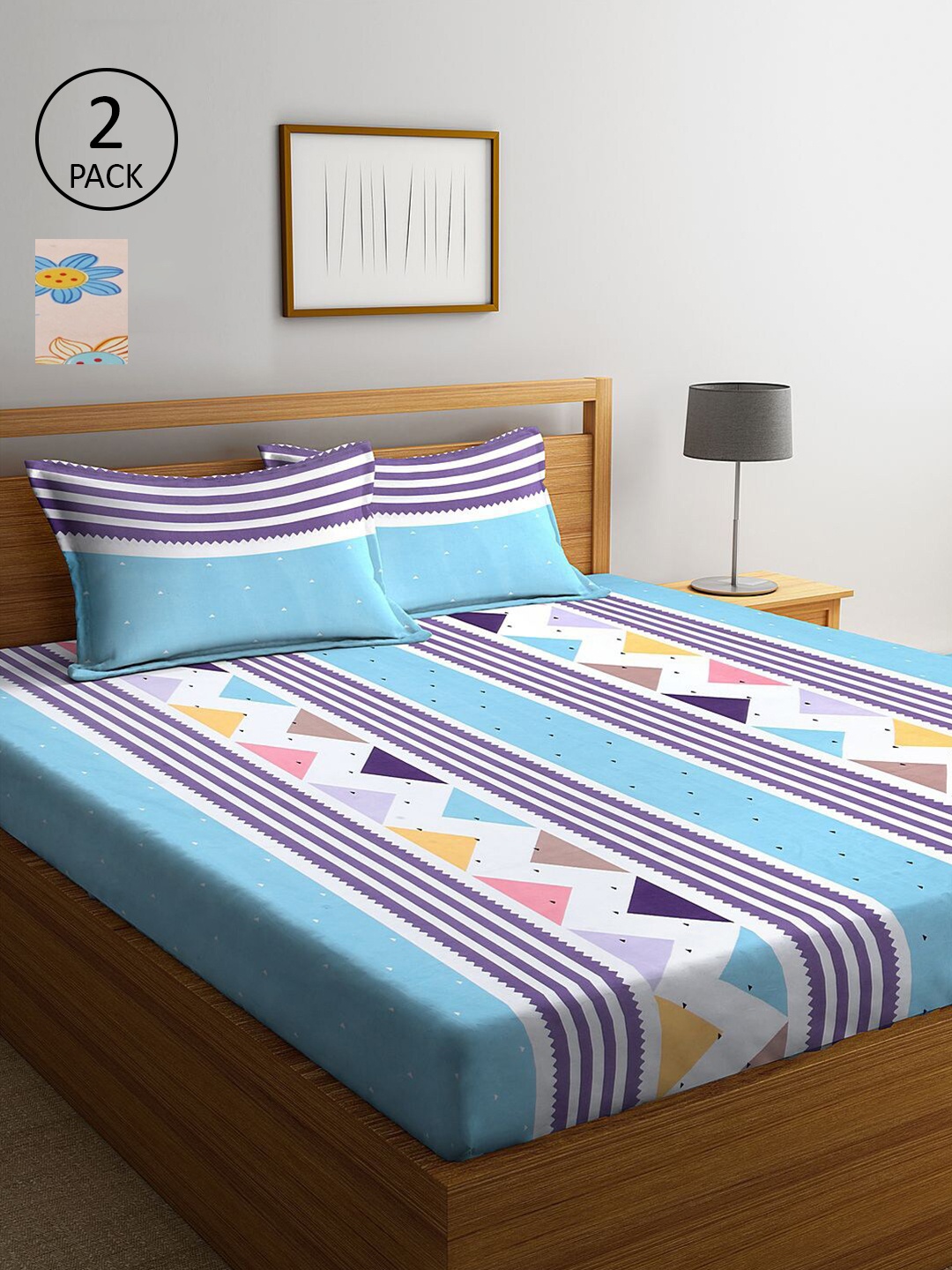 

KLOTTHE Peach-Coloured & Blue Striped 210 TC 2 King Bedsheet with 4 Pillow Covers