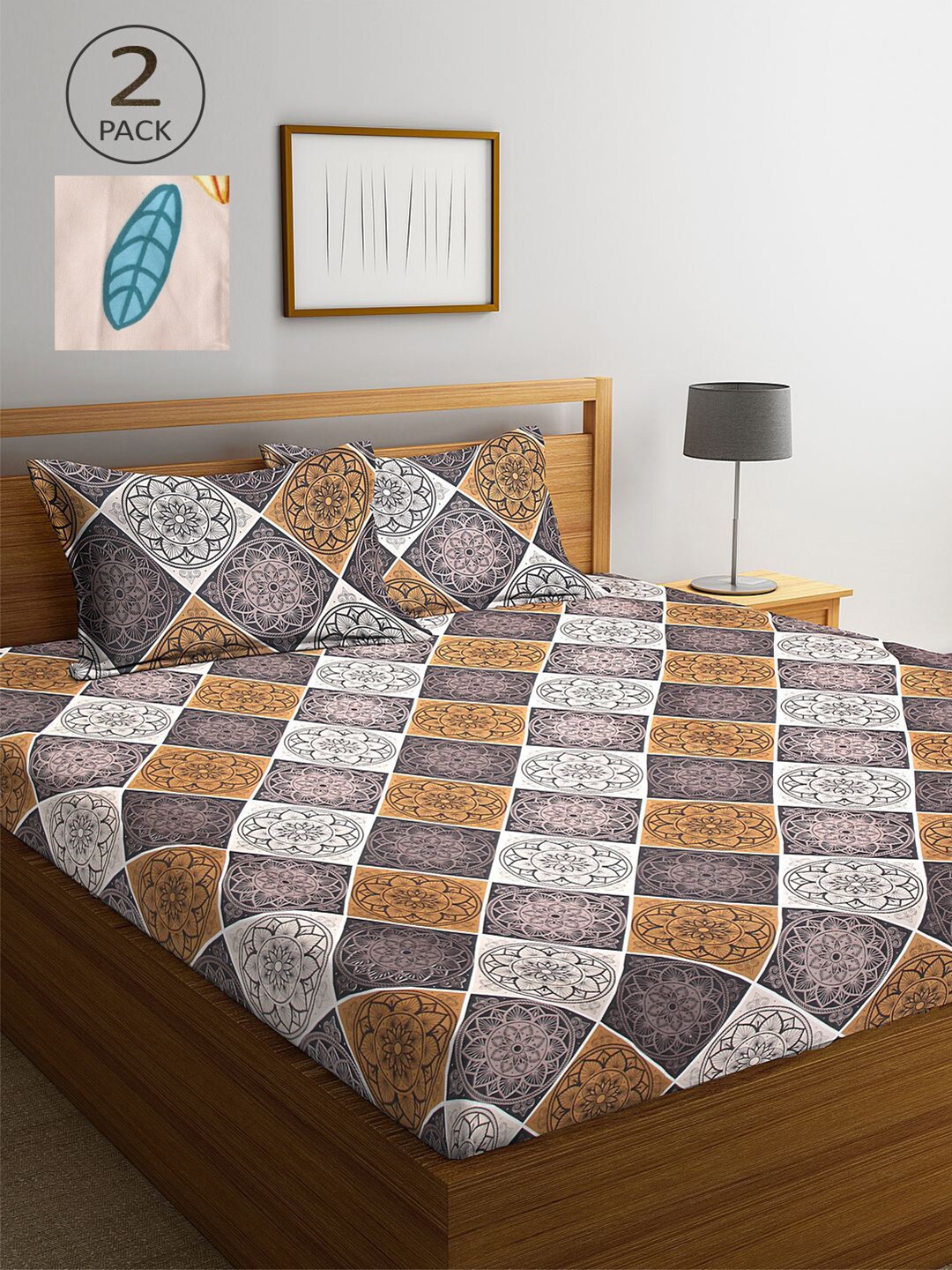 

KLOTTHE Peach-Coloured & Grey Floral 210 TC 2 King Bedsheet with 4 Pillow Covers