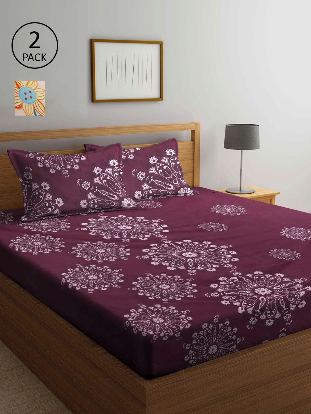 

KLOTTHE Peach-Coloured & Burgundy Floral 210 TC 2 King Bedsheet with 4 Pillow Covers