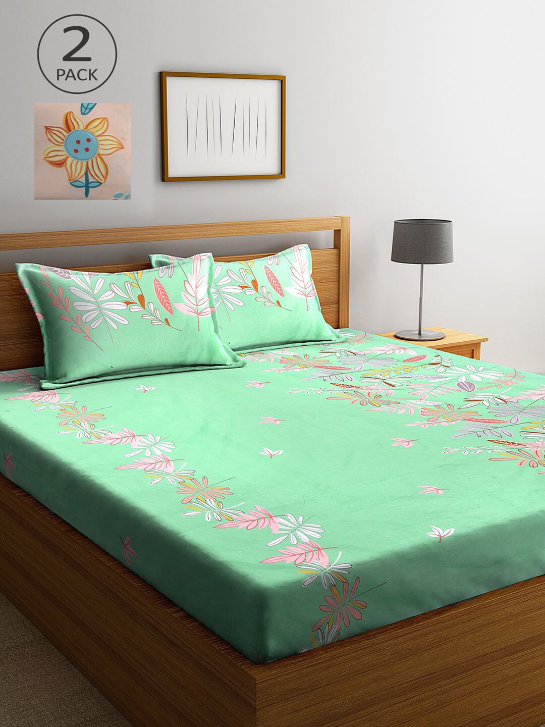

KLOTTHE Peach-Coloured & Green Floral 210 TC 2 King Bedsheet with 4 Pillow Covers