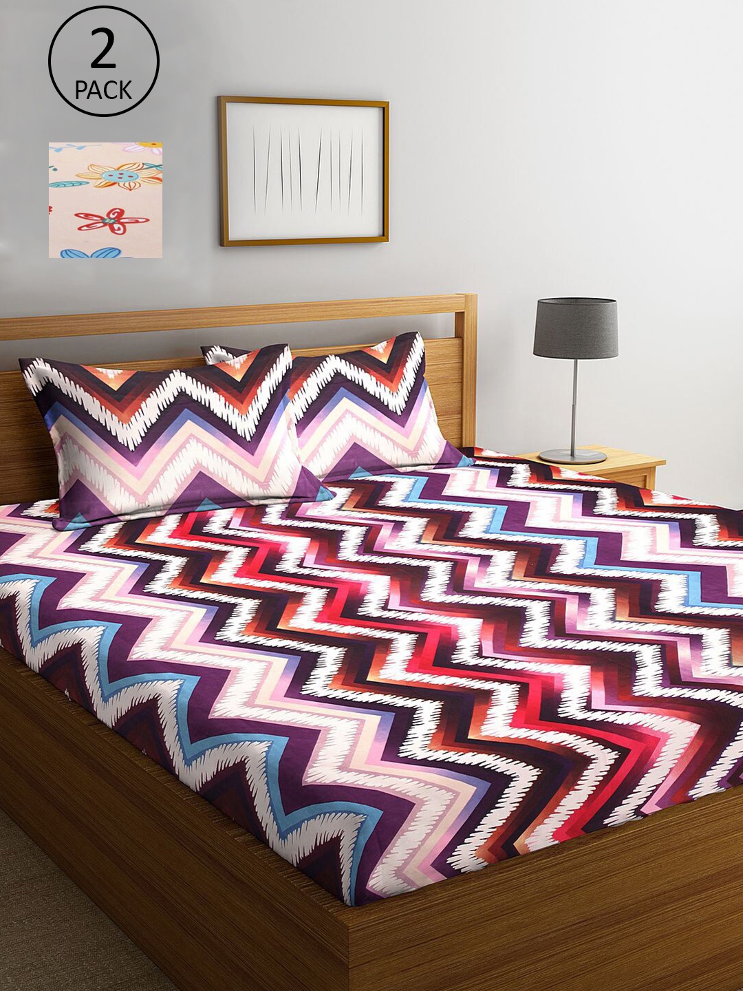 

KLOTTHE Peach-Coloured & Pink Geometric 210 TC 2 King Bedsheet with 4 Pillow Covers