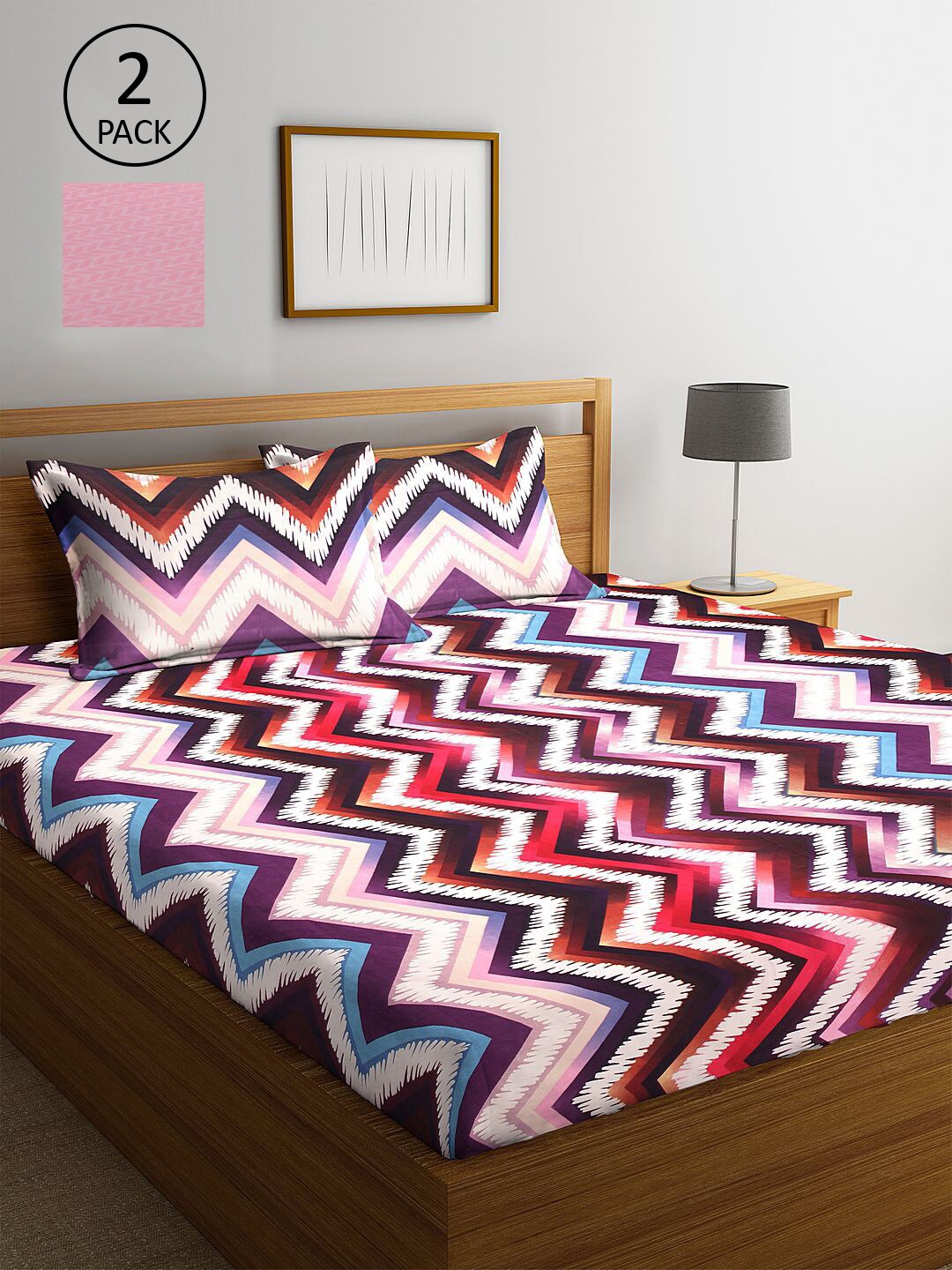 

KLOTTHE Pink & Brown Geometric 210 TC 2 King Bedsheet with 4 Pillow Covers