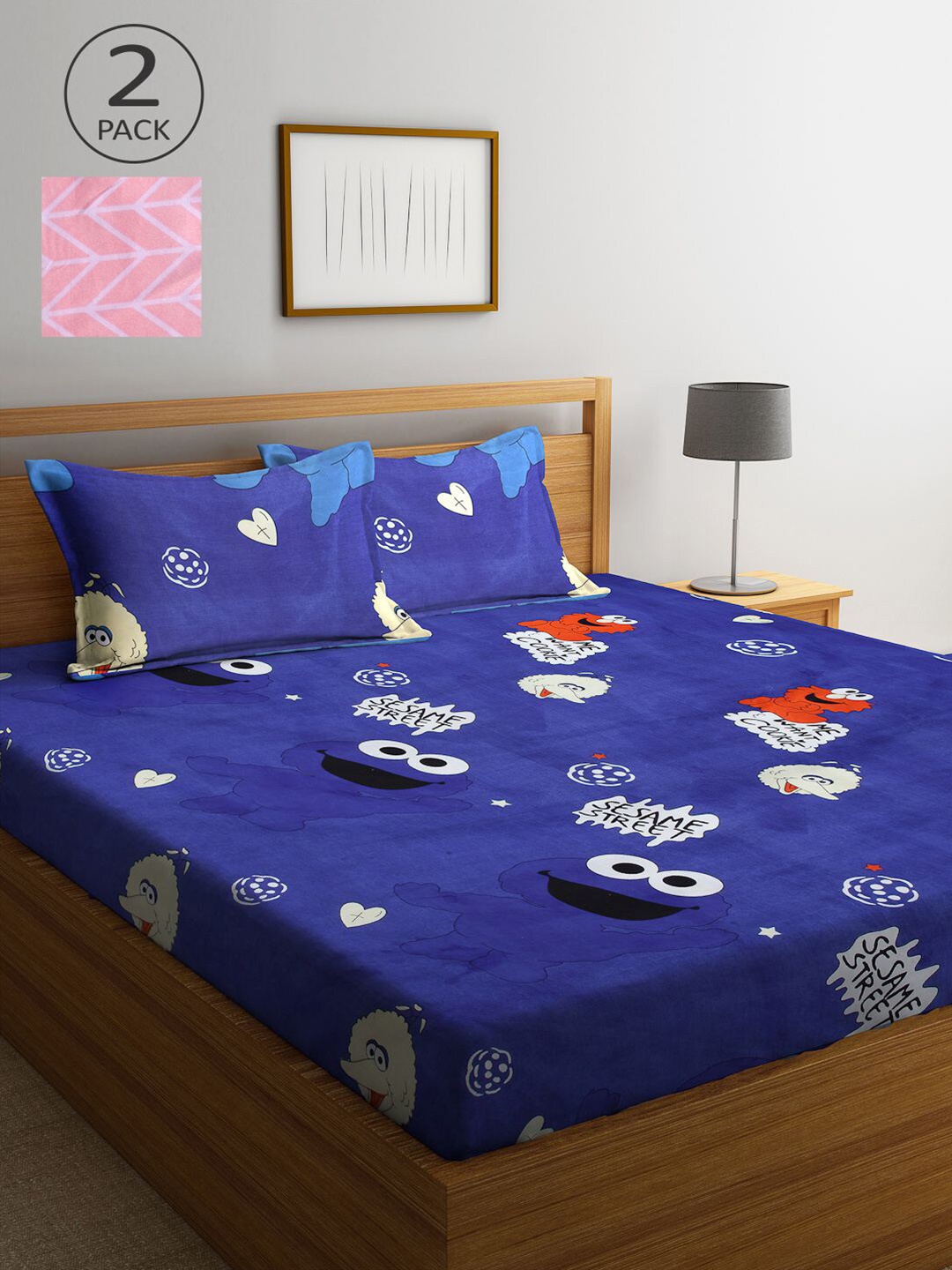 

KLOTTHE Blue & Pink Cartoon Characters 210 TC 2 King Bedsheet with 4 Pillow Covers