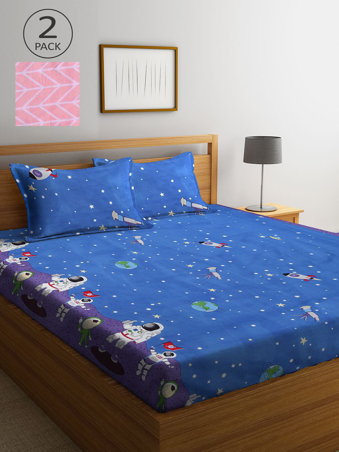 

KLOTTHE Blue & Pink Cartoon Characters 210 TC 2 King Bedsheet with 4 Pillow Covers
