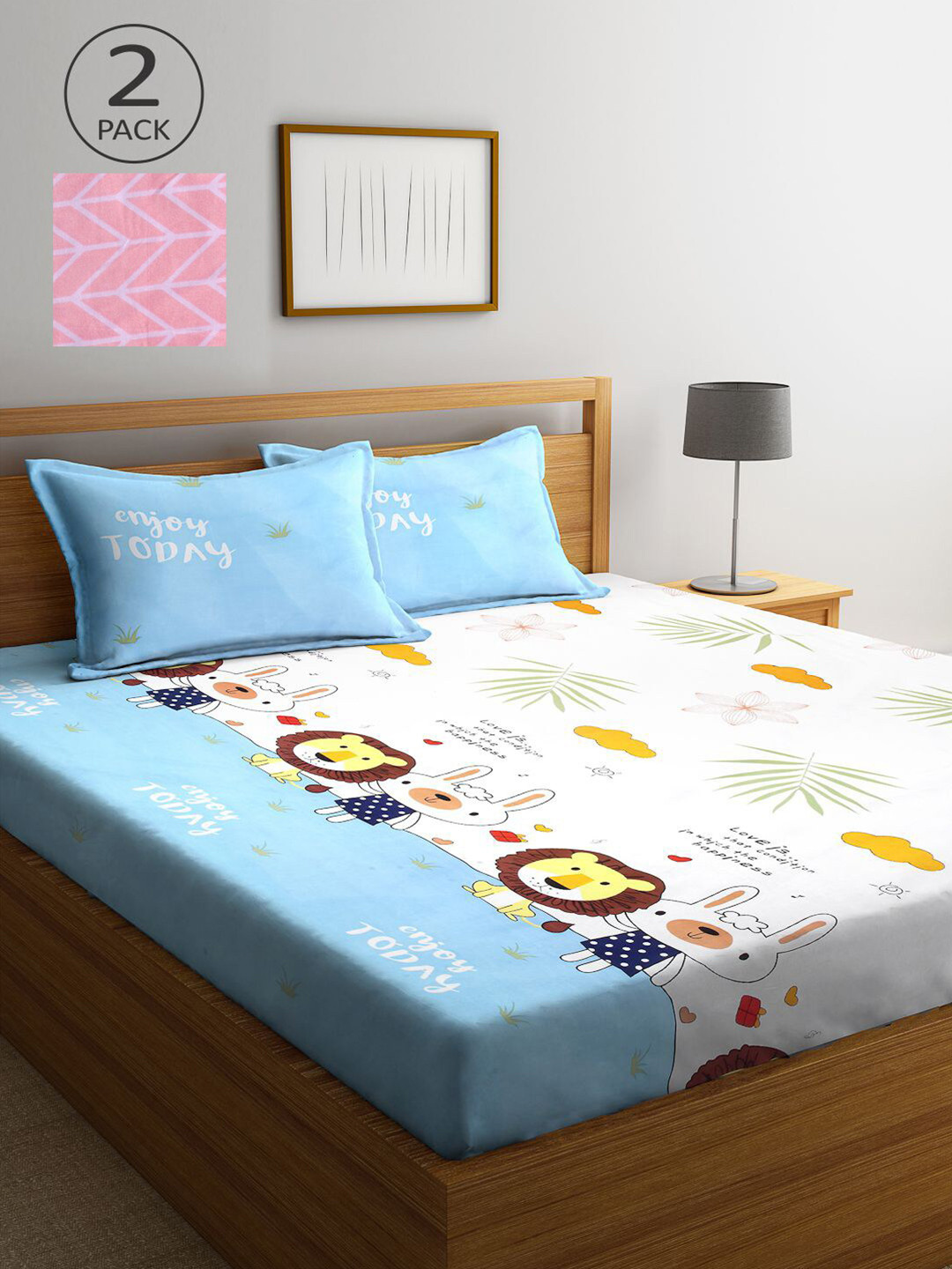 

KLOTTHE Blue & Pink Cartoon Characters 210 TC 2 King Bedsheet with 4 Pillow Covers