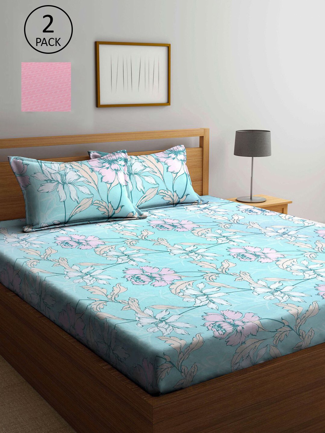 

KLOTTHE Turquoise Blue & Pink Floral 210 TC 2 King Bedsheet with 4 Pillow Covers