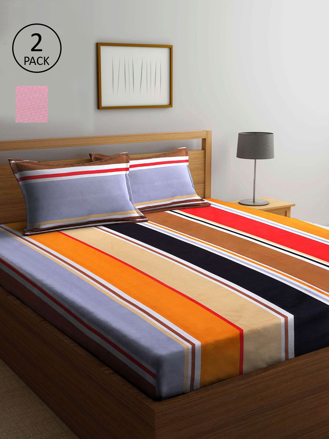 

KLOTTHE Orange & Pink Striped 210 TC 2 King Bedsheet with 4 Pillow Covers