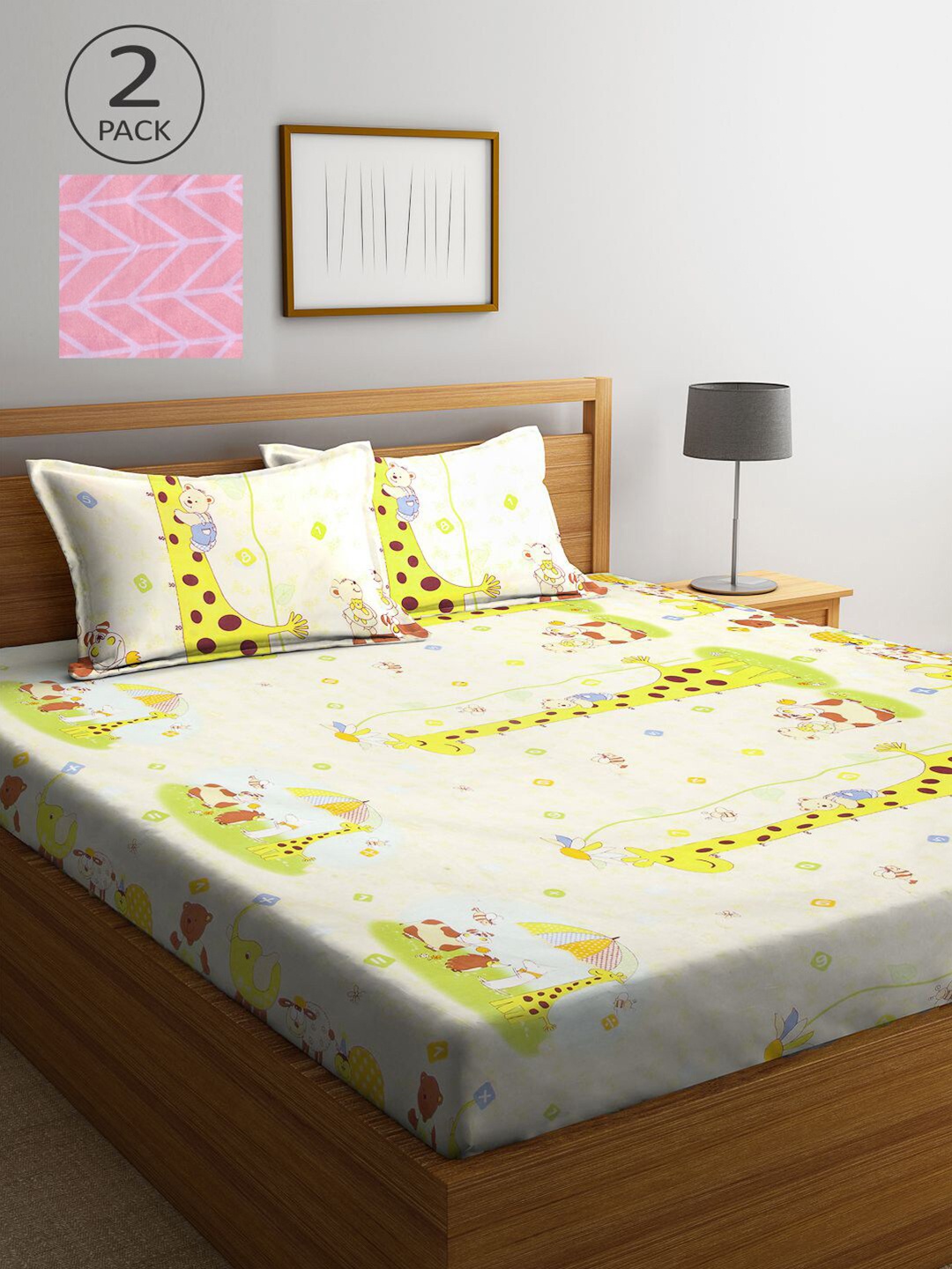 

KLOTTHE Beige & Pink Cartoon Characters 210 TC 2 King Bedsheet with 4 Pillow Covers