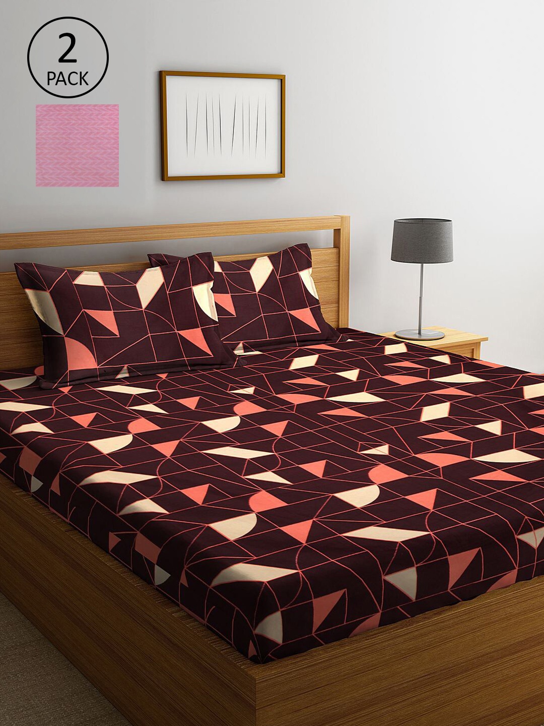 

KLOTTHE Brown & Pink Geometric 210 TC 2 King Bedsheet with 4 Pillow Covers