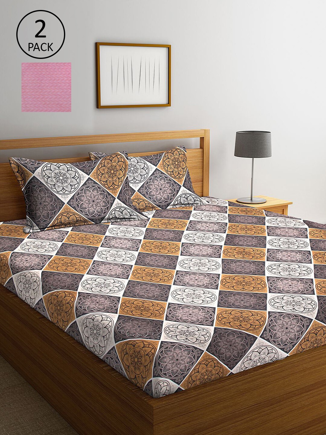 

KLOTTHE Brown & Beige Floral 210 TC 2 King Bedsheet with 4 Pillow Covers