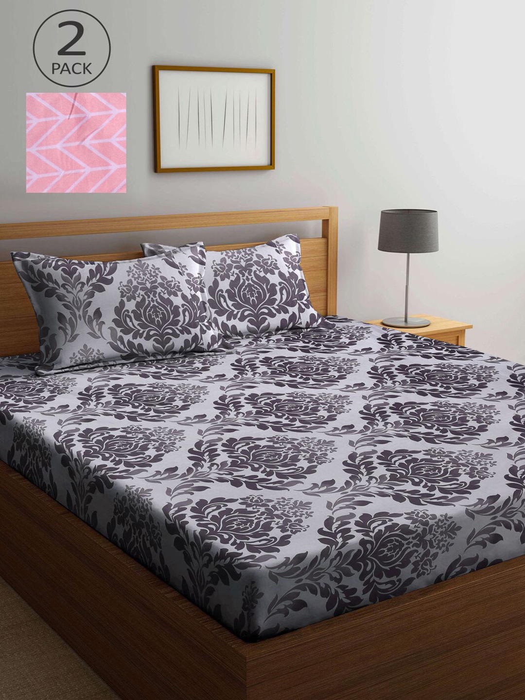 

KLOTTHE Grey & Pink Floral 210 TC 2 King Bedsheet with 4 Pillow Covers