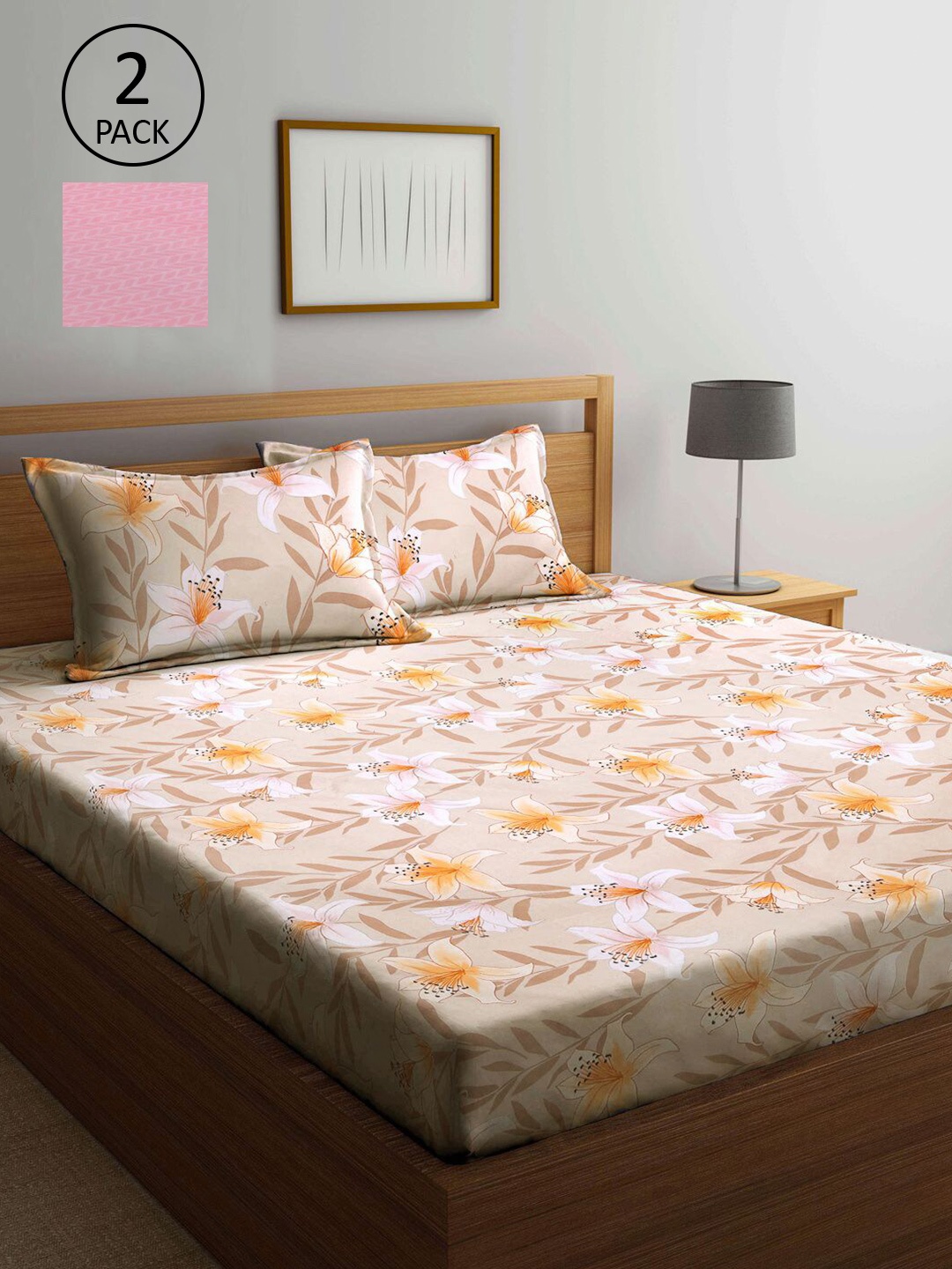 

KLOTTHE Beige & Pink Floral 210 TC 2 King Bedsheet with 4 Pillow Covers