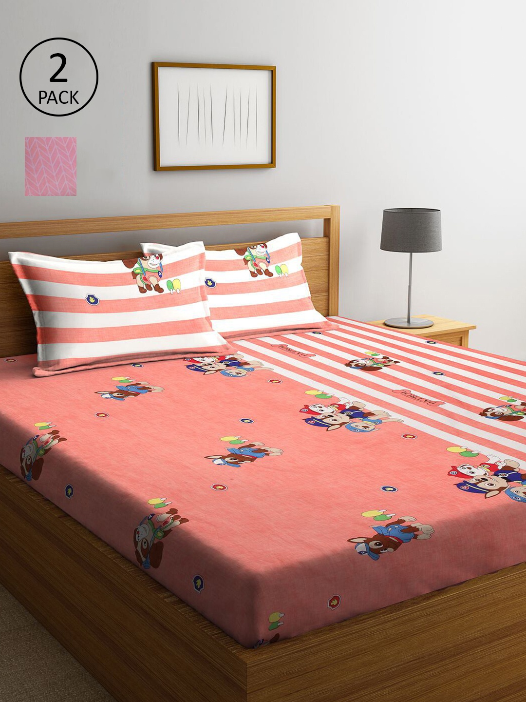 

KLOTTHE Peach-Coloured & Pink Cartoon Characters 210 TC 2 King Bedsheet with 4 Pillow Covers