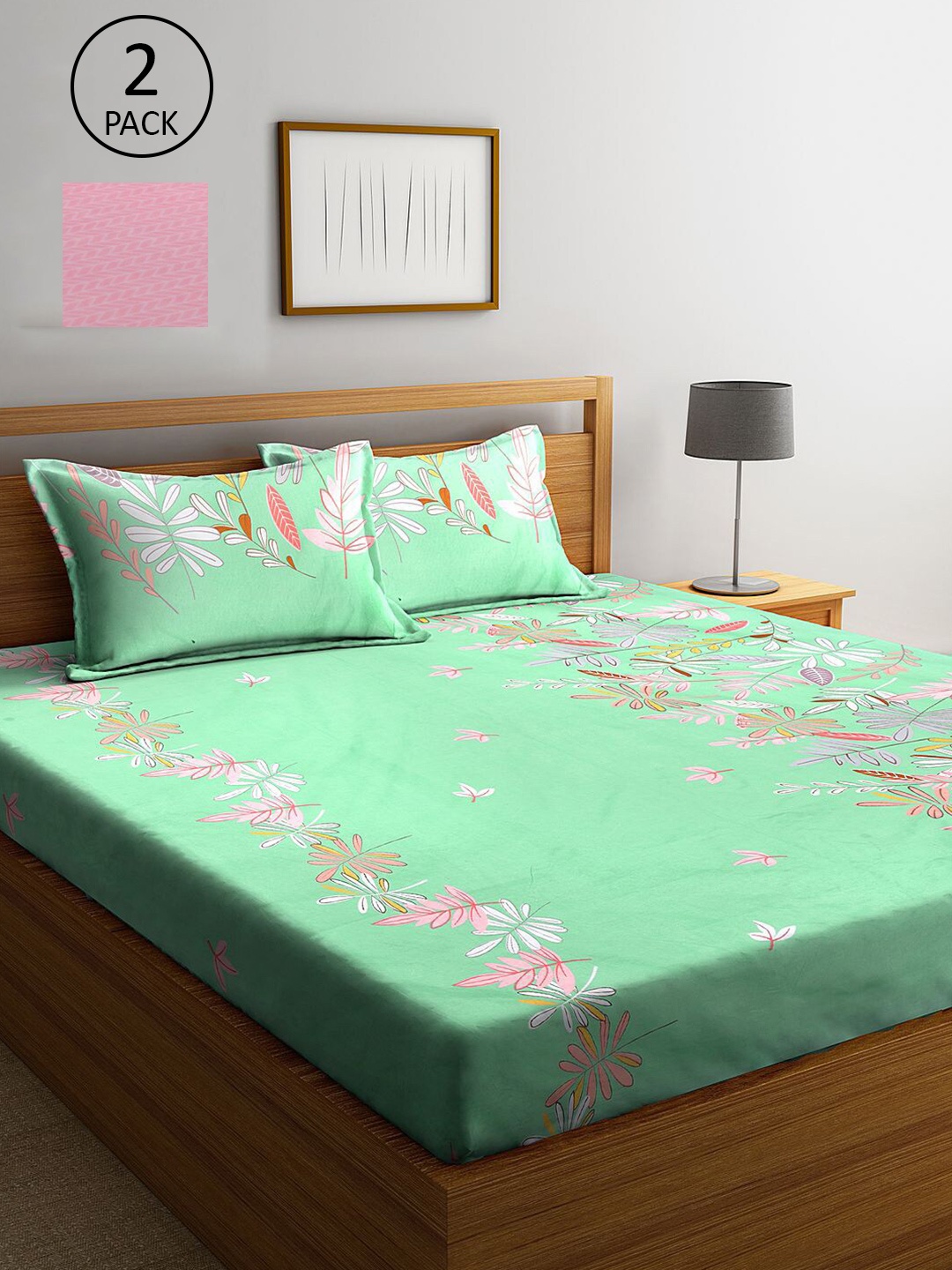 

KLOTTHE Green & Pink Floral 210 TC 2 King Bedsheet with 4 Pillow Covers