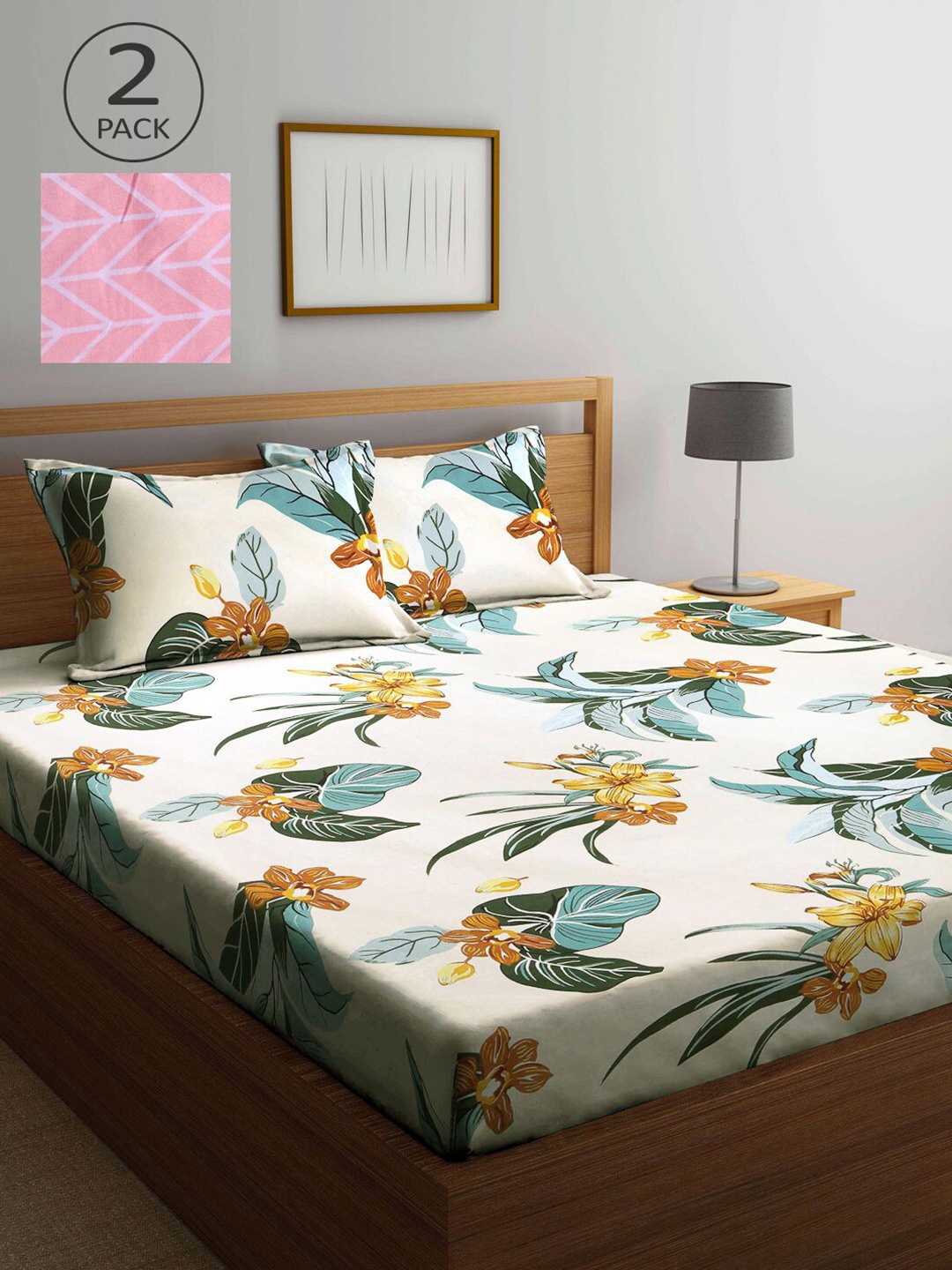 

KLOTTHE Beige & Pink Floral 210 TC 2 King Bedsheet with 4 Pillow Covers