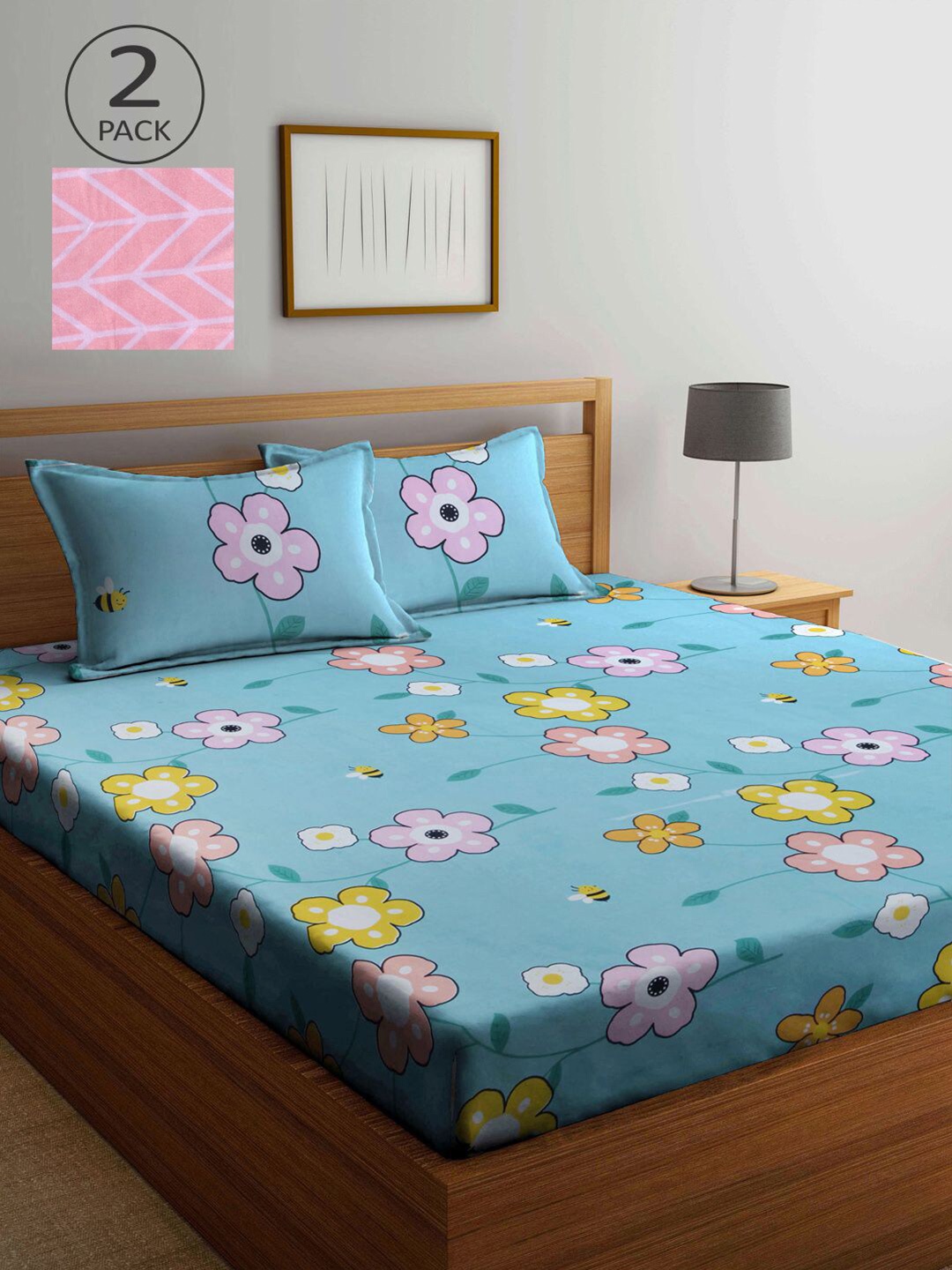 

KLOTTHE Blue & Pink Floral 210 TC 2 King Bedsheet with 4 Pillow Covers