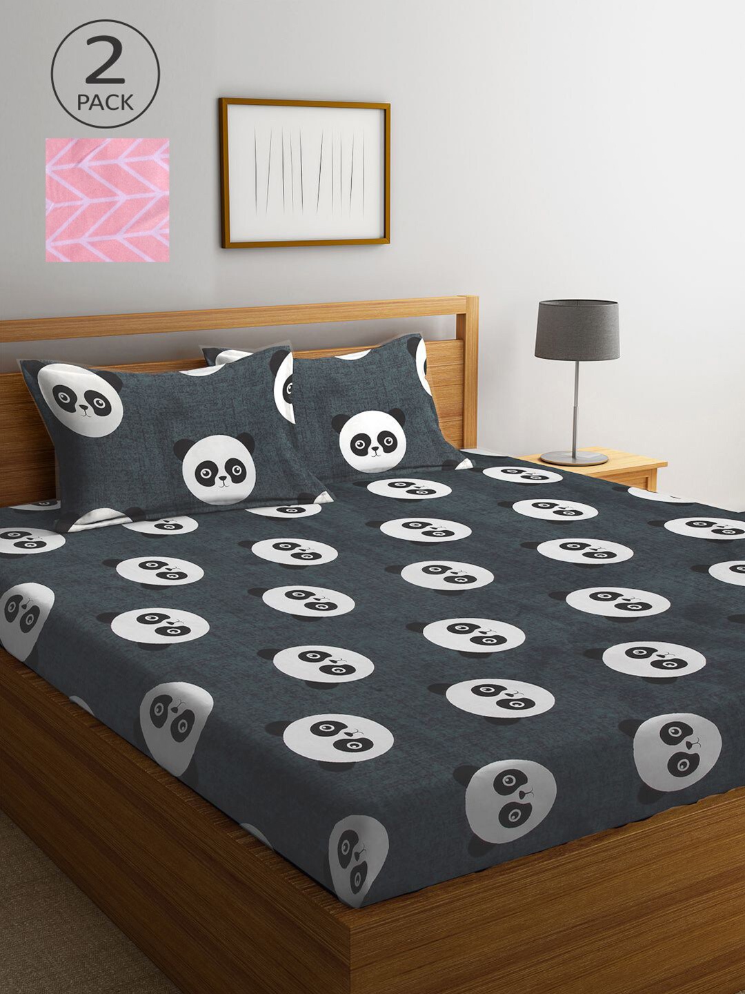 

KLOTTHE Grey & Pink Cartoon Characters 210 TC 2 King Bedsheet with 4 Pillow Covers