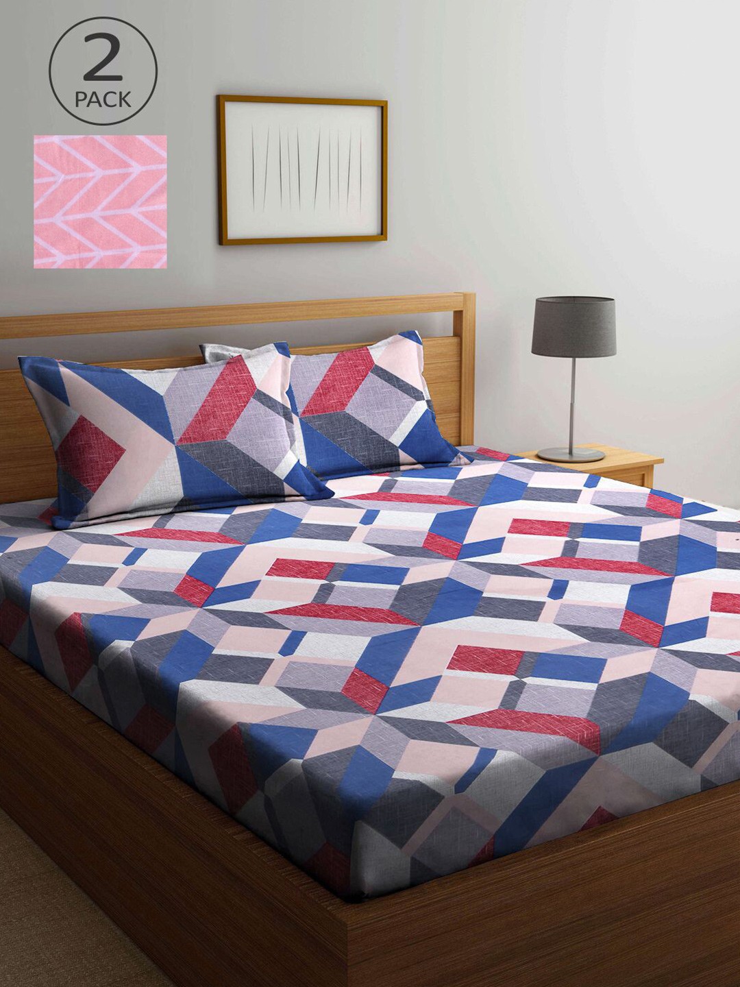 

KLOTTHE Blue & Pink Geometric 210 TC 2 King Bedsheet with 4 Pillow Covers
