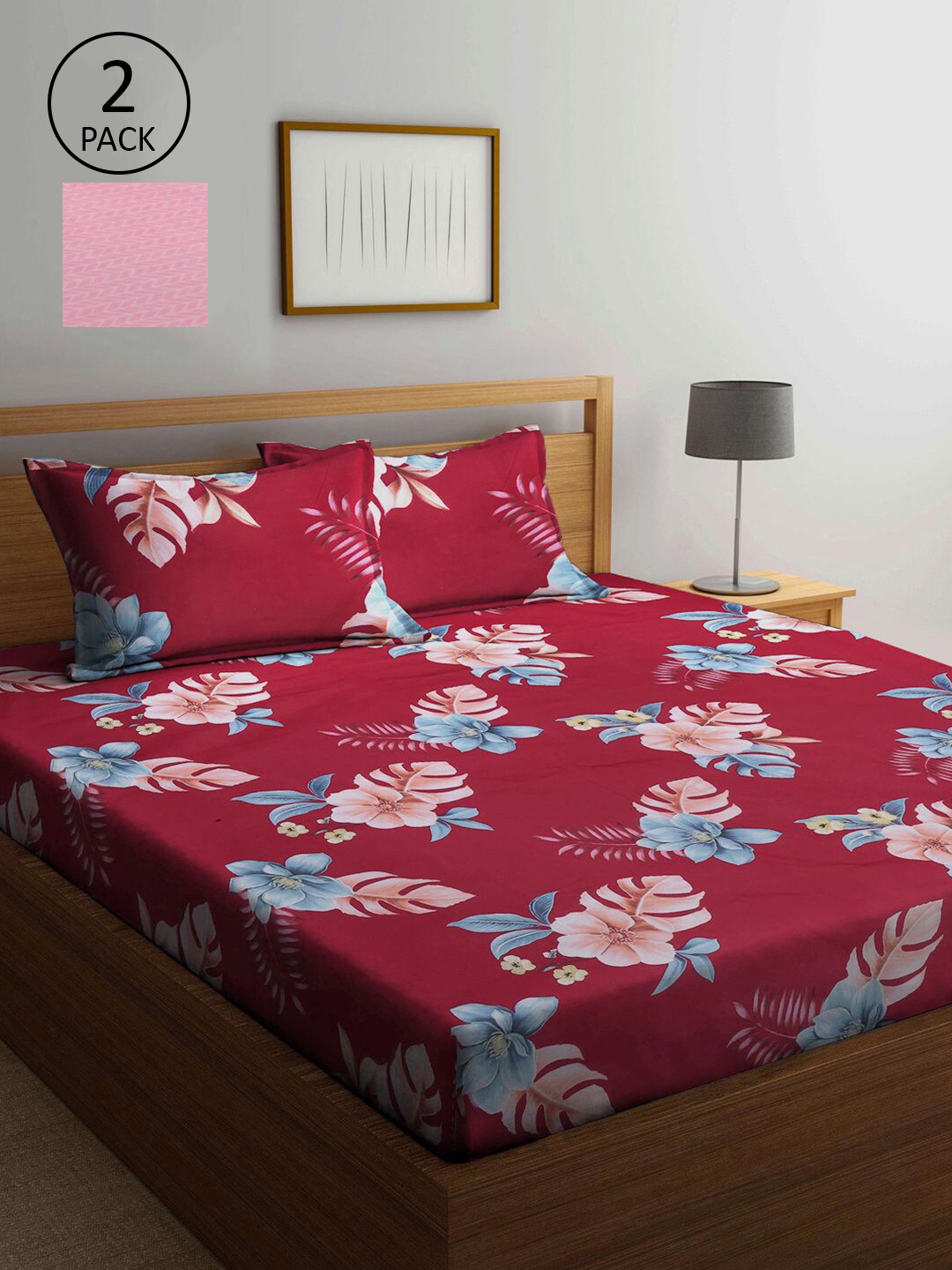 

KLOTTHE Maroon & Pink Floral 210 TC 2 King Bedsheet with 4 Pillow Covers