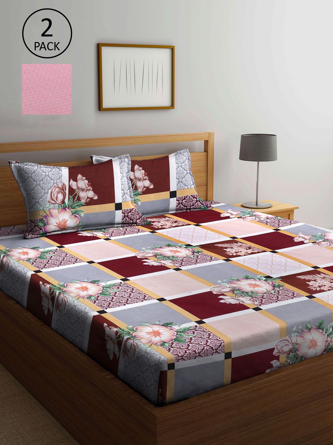 

KLOTTHE Grey & Pink Geometric 210 TC 2 King Bedsheet with 4 Pillow Covers