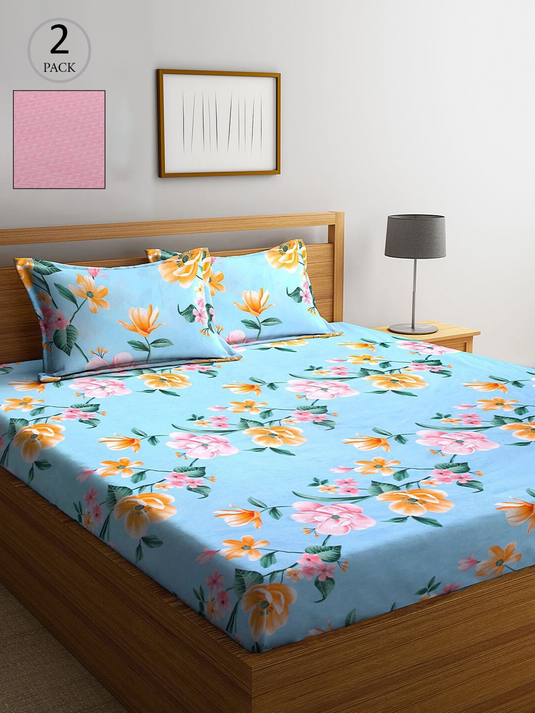 

KLOTTHE Blue & Pink Floral 210 TC 2 King Bedsheet with 4 Pillow Covers