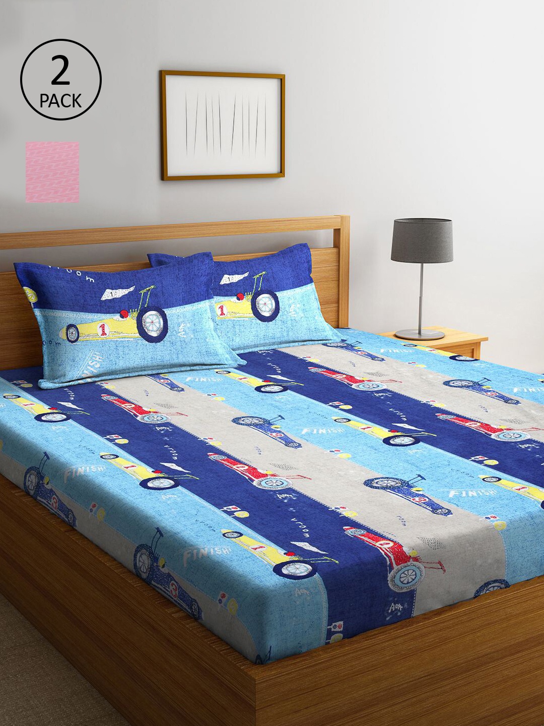 

KLOTTHE Blue & Pink Cartoon Characters 210 TC 2 King Bedsheet with 4 Pillow Covers