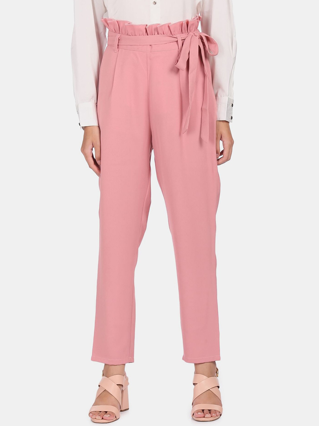 

SHFFL Women Pink Ruffled Waist Pleated Peg Trousers
