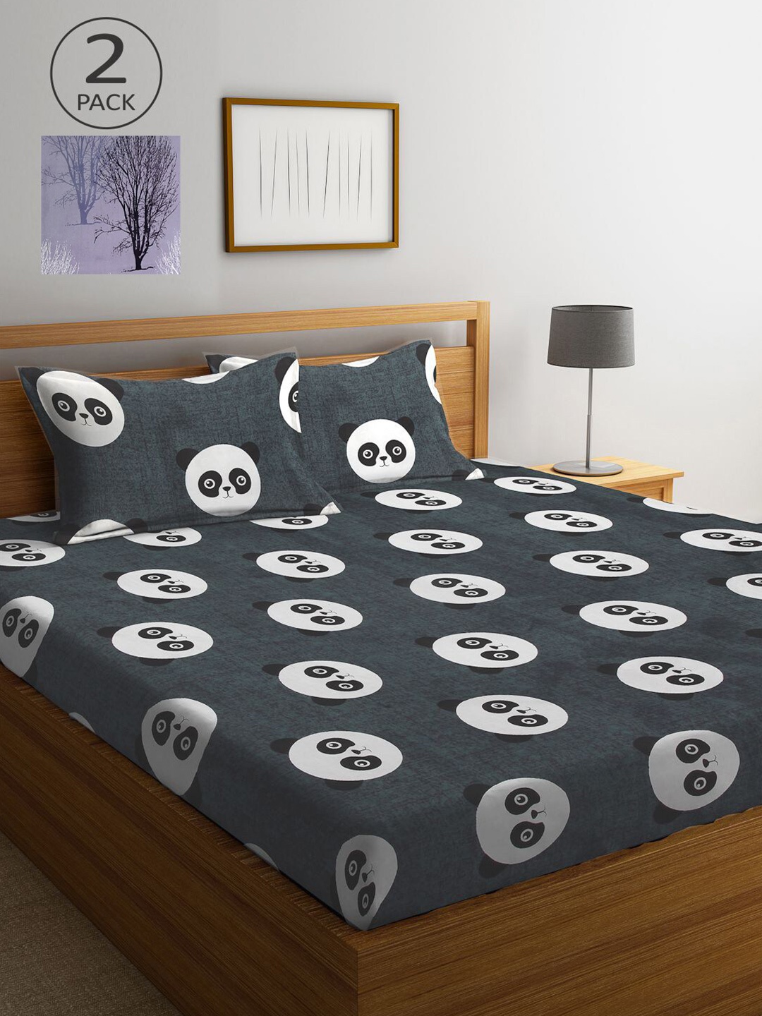 

KLOTTHE Grey & Lavender Cartoon Characters 210 TC 2 King Bedsheet with 4 Pillow Covers