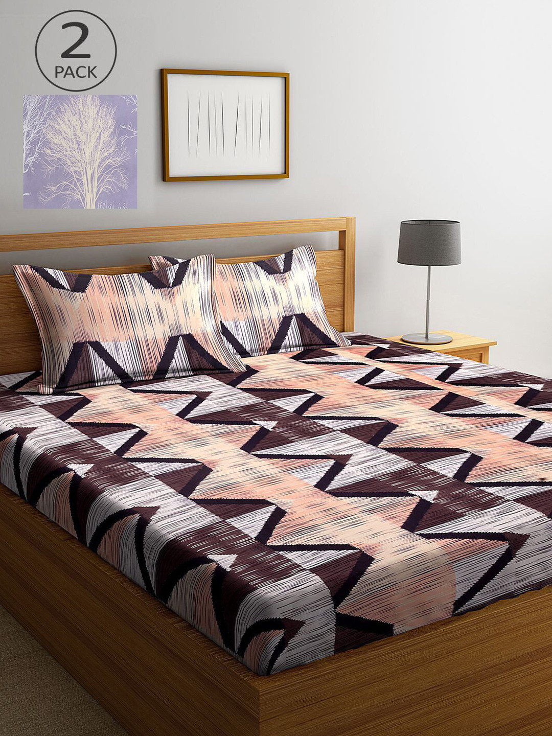 

KLOTTHE Brown & Pink Geometric 210 TC 2 King Bedsheet with 4 Pillow Covers