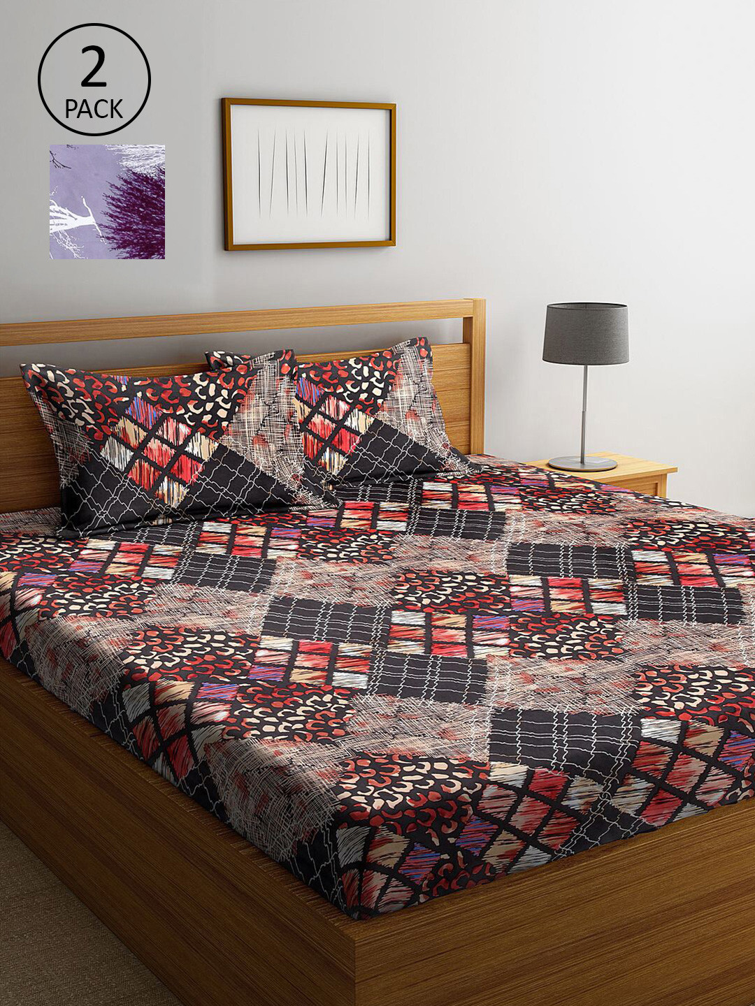 

KLOTTHE Brown & Lavender Geometric 210 TC 2 King Bedsheet with 4 Pillow Covers