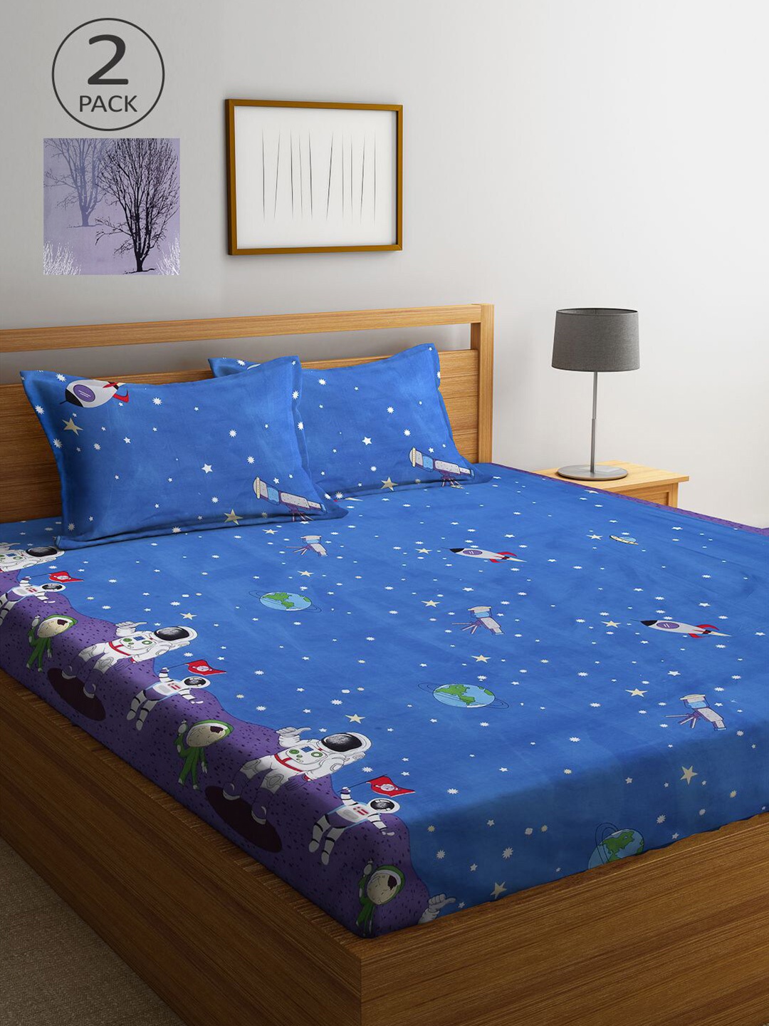 

KLOTTHE Blue & Lavender Cartoon Characters 210 TC 2 King Bedsheet with 4 Pillow Covers