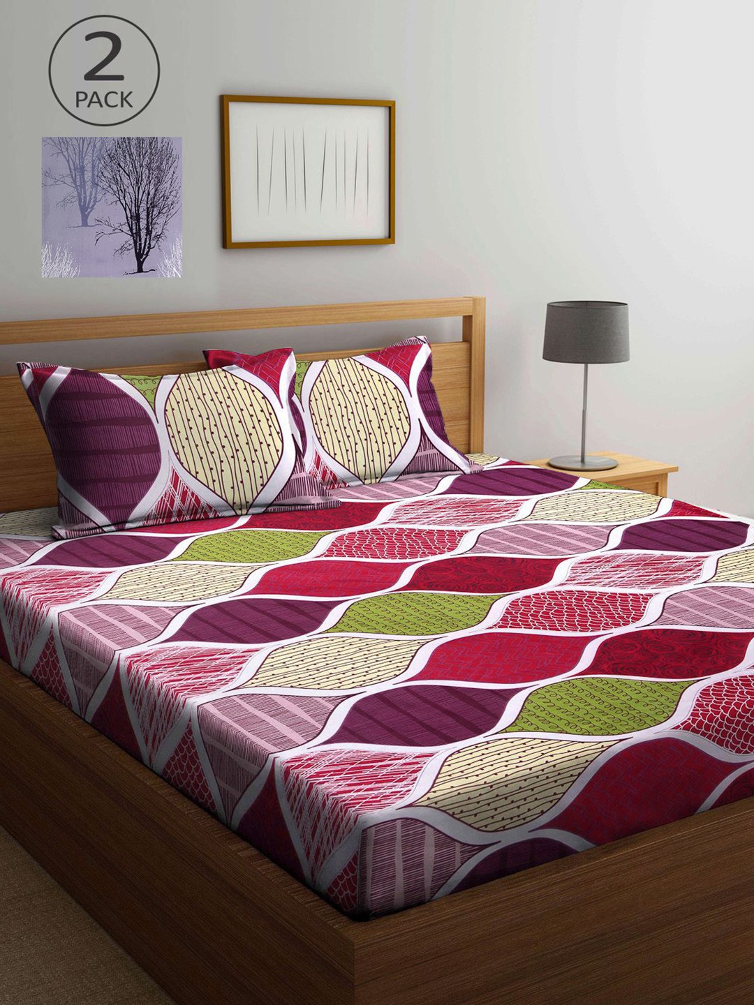 

KLOTTHE Pink & Lavender Geometric 210 TC 2 King Bedsheet with 4 Pillow Covers