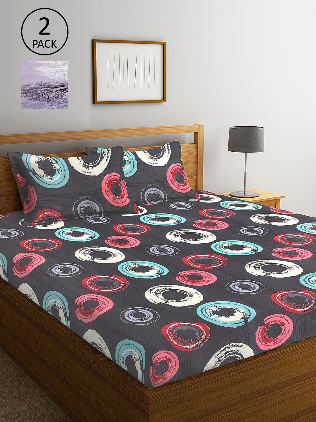

KLOTTHE Grey & Lavender Geometric 210 TC 2 King Bedsheet with 4 Pillow Covers