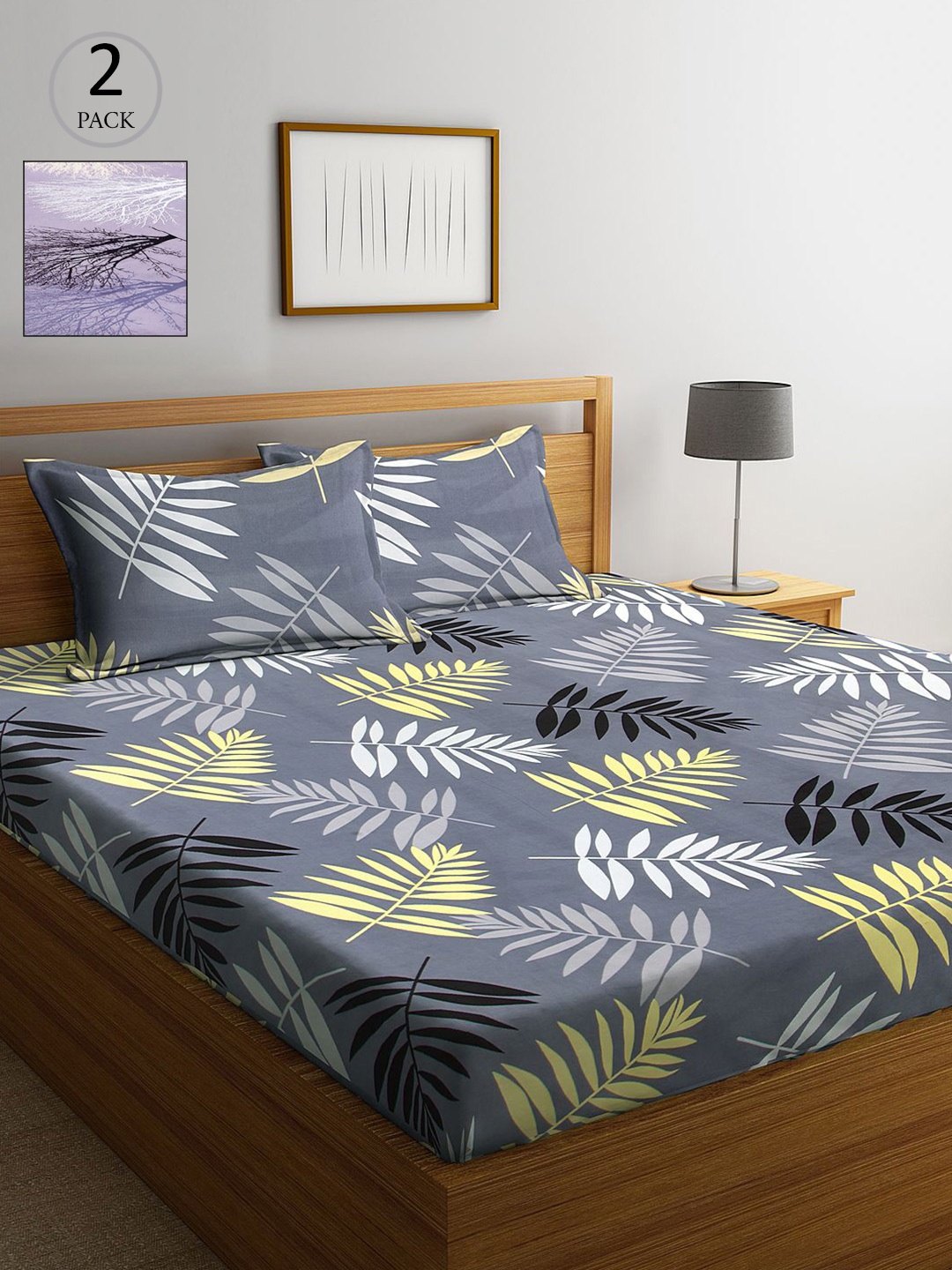 

KLOTTHE Grey & Lavender Floral 210 TC 2 King Bedsheet with 4 Pillow Covers