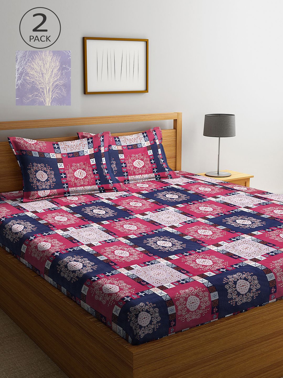 

KLOTTHE Pink & Navy Blue Geometric 210 TC 2 King Bedsheet with 4 Pillow Covers