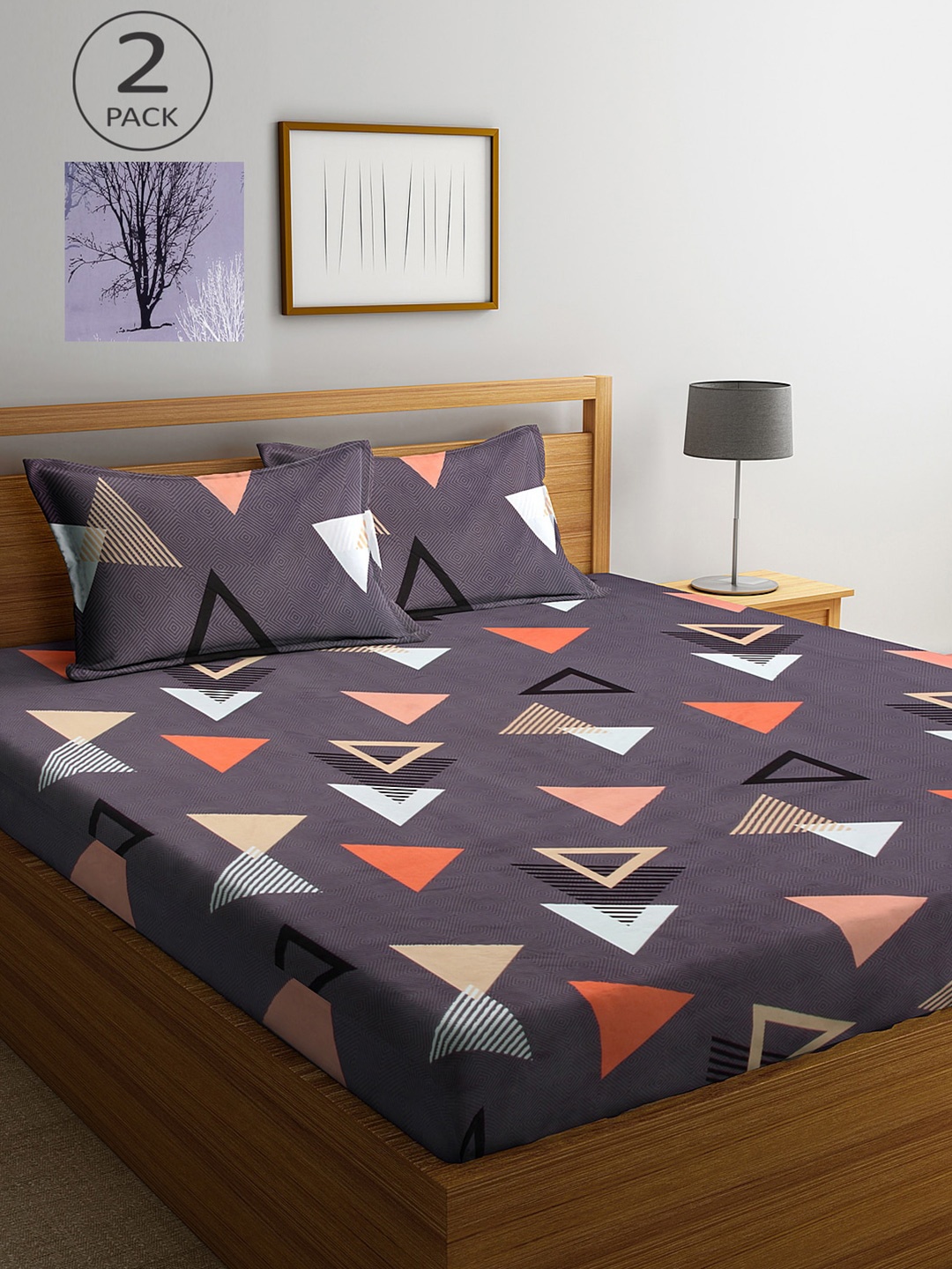 

KLOTTHE Grey & Lavender Geometric 210 TC 2 King Bedsheet with 4 Pillow Covers