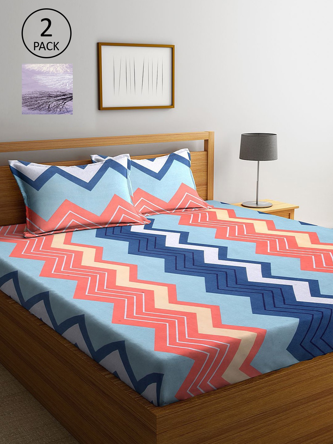 

KLOTTHE Blue & Pink Geometric 210 TC 2 King Bedsheet with 4 Pillow Covers