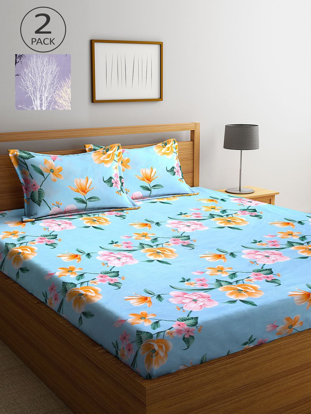 

KLOTTHE Blue & Lavender Floral 210 TC 2 King Bedsheet with 4 Pillow Covers