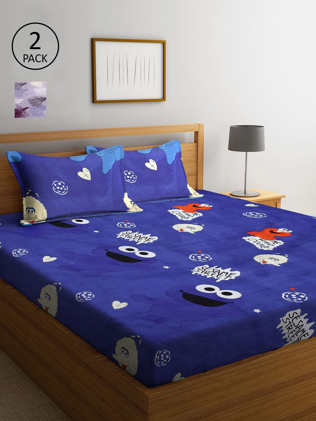 

KLOTTHE Blue & Lavender Cartoon Characters 210 TC 2 King Bedsheet with 4 Pillow Covers