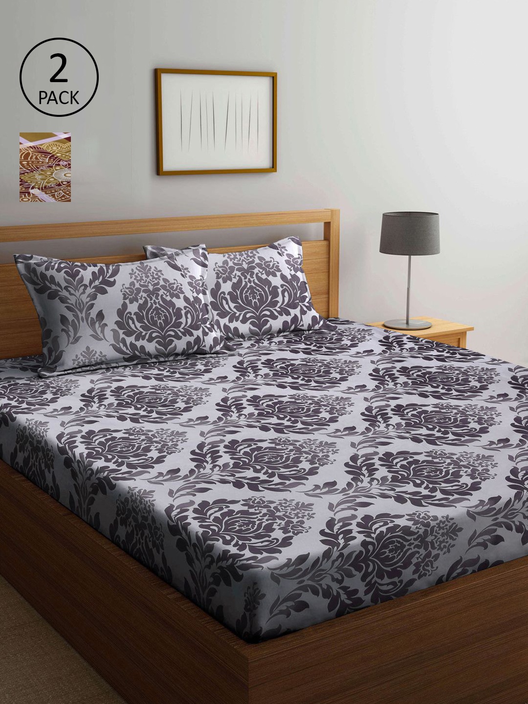 

KLOTTHE Multicoloured Floral 210 TC 2 King Bedsheet with 4 Pillow Covers, Grey