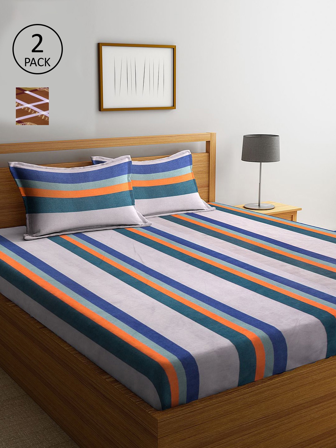 

KLOTTHE Blue & Camel Brown Striped 210 TC 2 King Bedsheet with 4 Pillow Covers