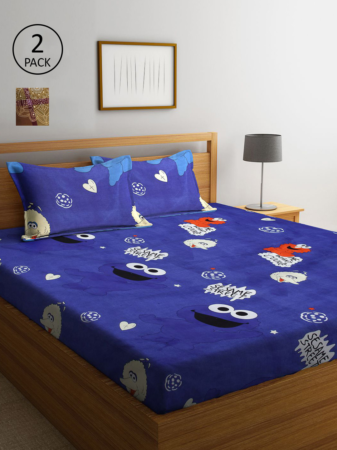 

KLOTTHE Blue & Brown Cartoon Characters 210 TC 2 King Bedsheet with 4 Pillow Covers