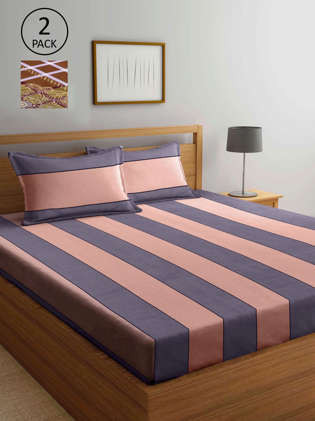 

KLOTTHE Multicoloured Striped 210 TC 2 King Bedsheet with 4 Pillow Covers, Multi
