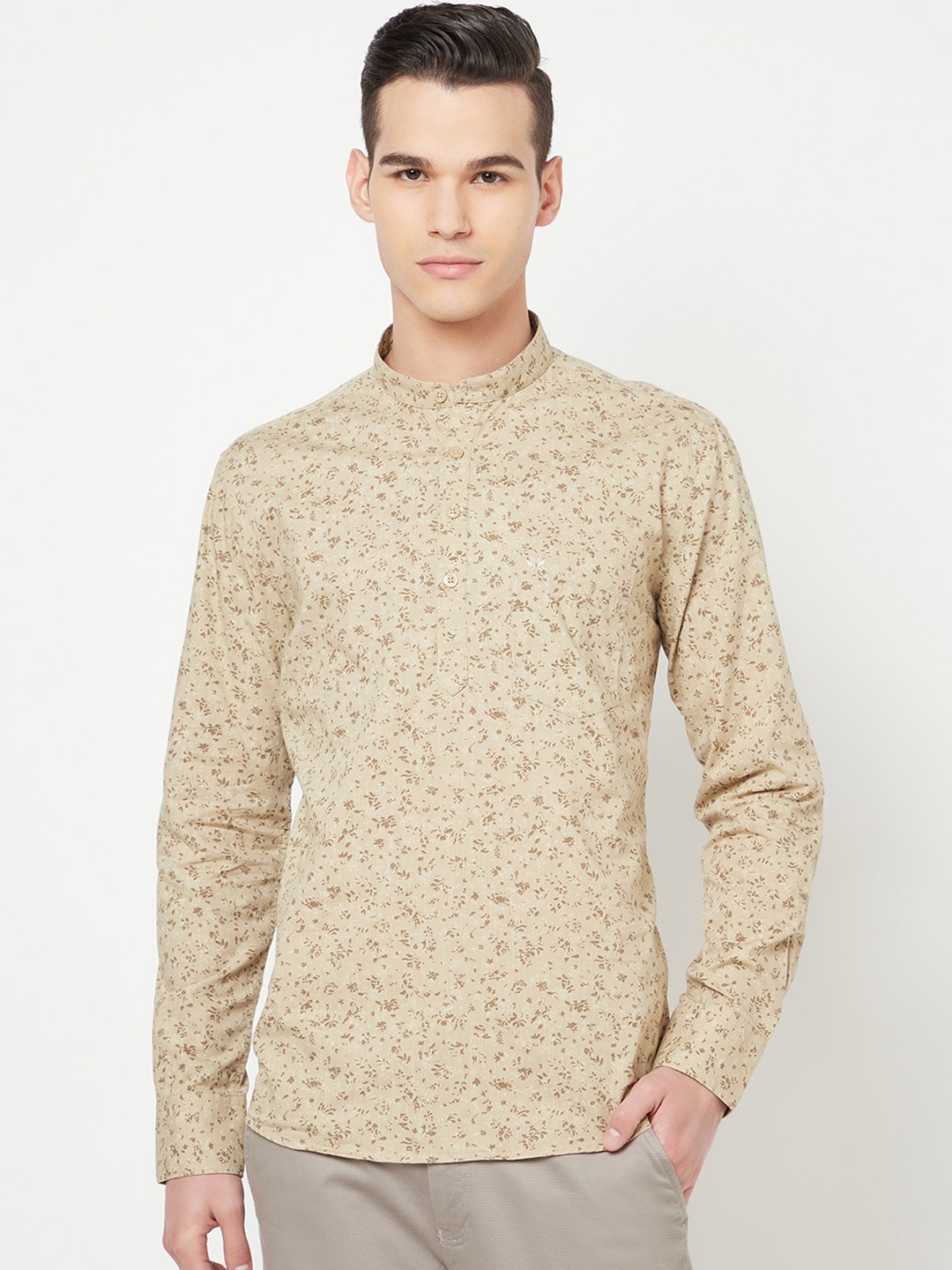 

Crimsoune Club Men Beige Floral Printed Cotton Kurta