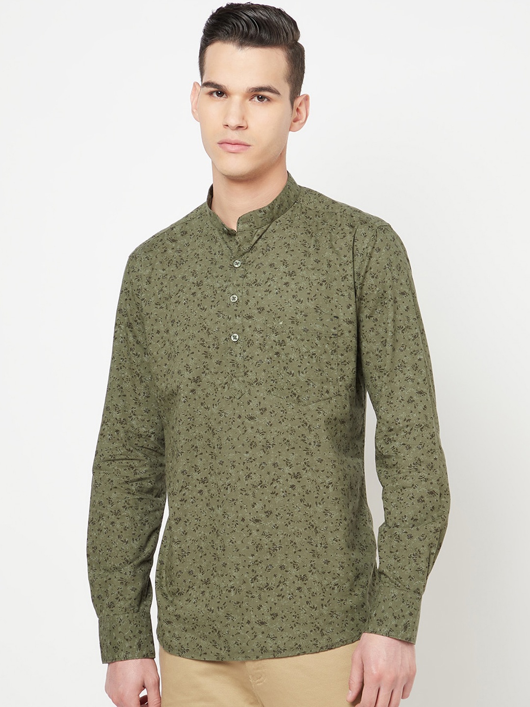 

Crimsoune Club Men Olive Green Floral Printed Pure Cotton Kurta