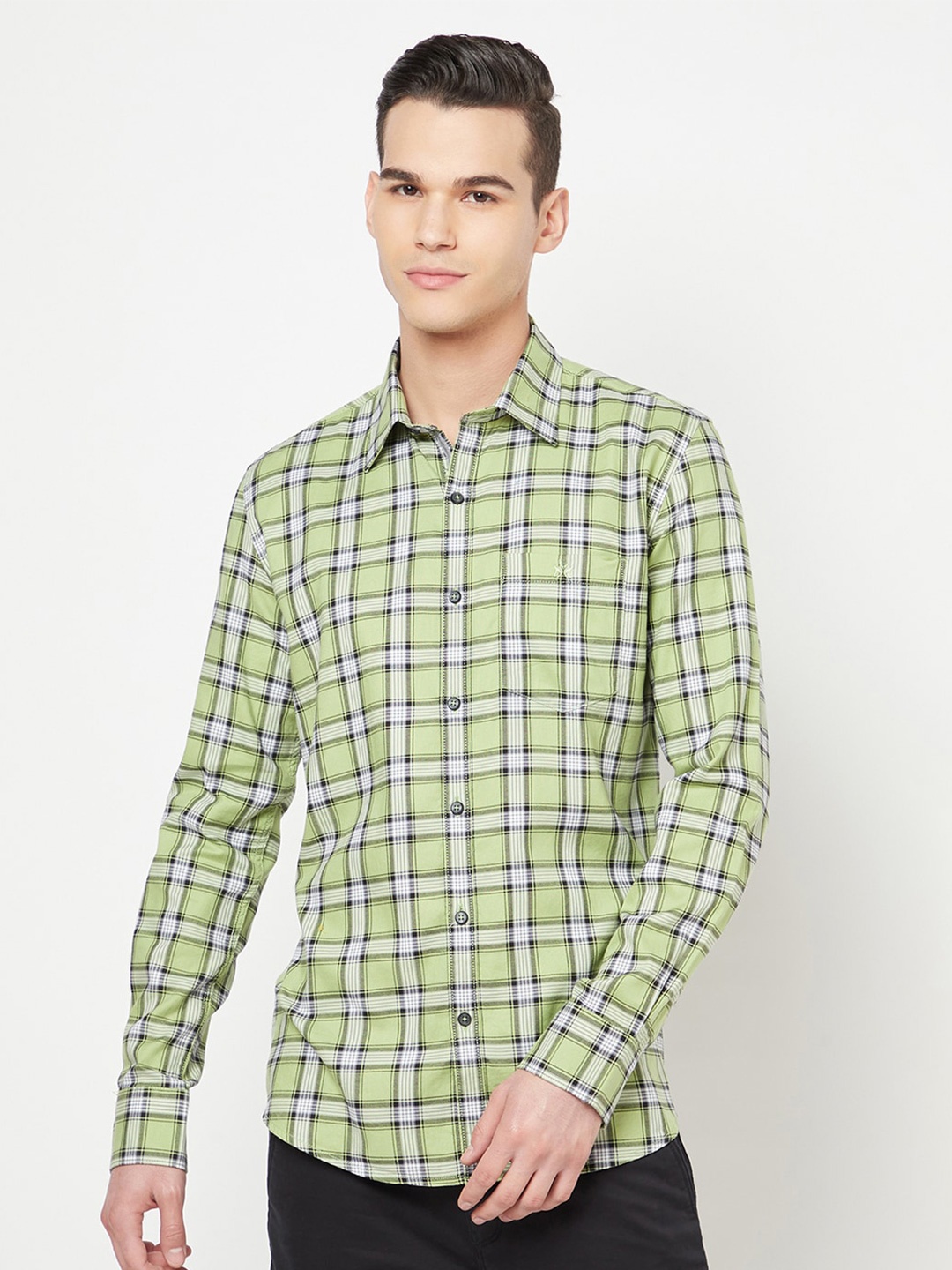 

Crimsoune Club Men Green Slim Fit Tartan Checked Pure Cotton Casual Shirt
