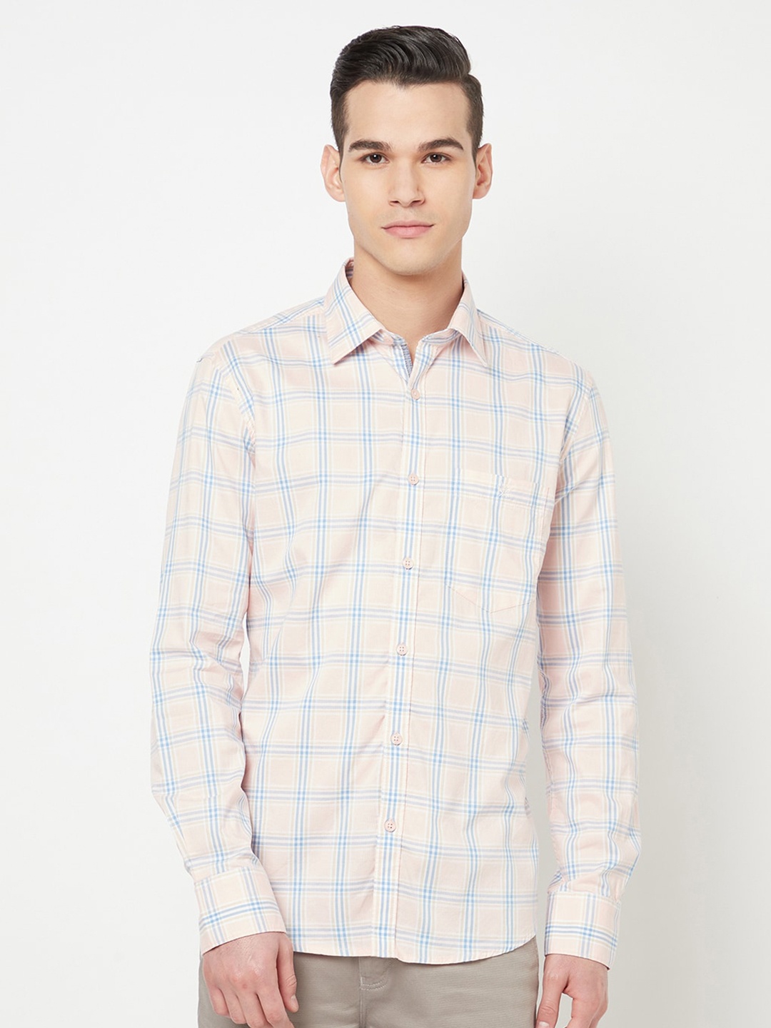

Crimsoune Club Men Pink & Blue Slim Fit Checked Pure Cotton Casual Shirt