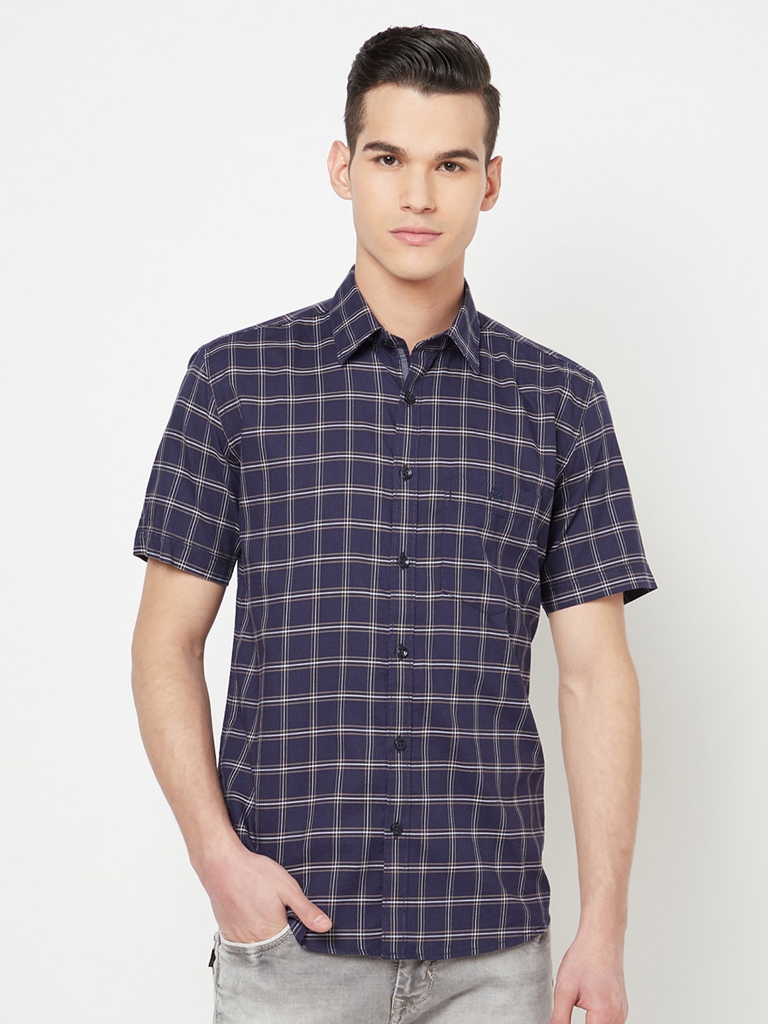 

Crimsoune Club Men Navy Blue Slim Fit Checked Pure Cotton Casual Shirt