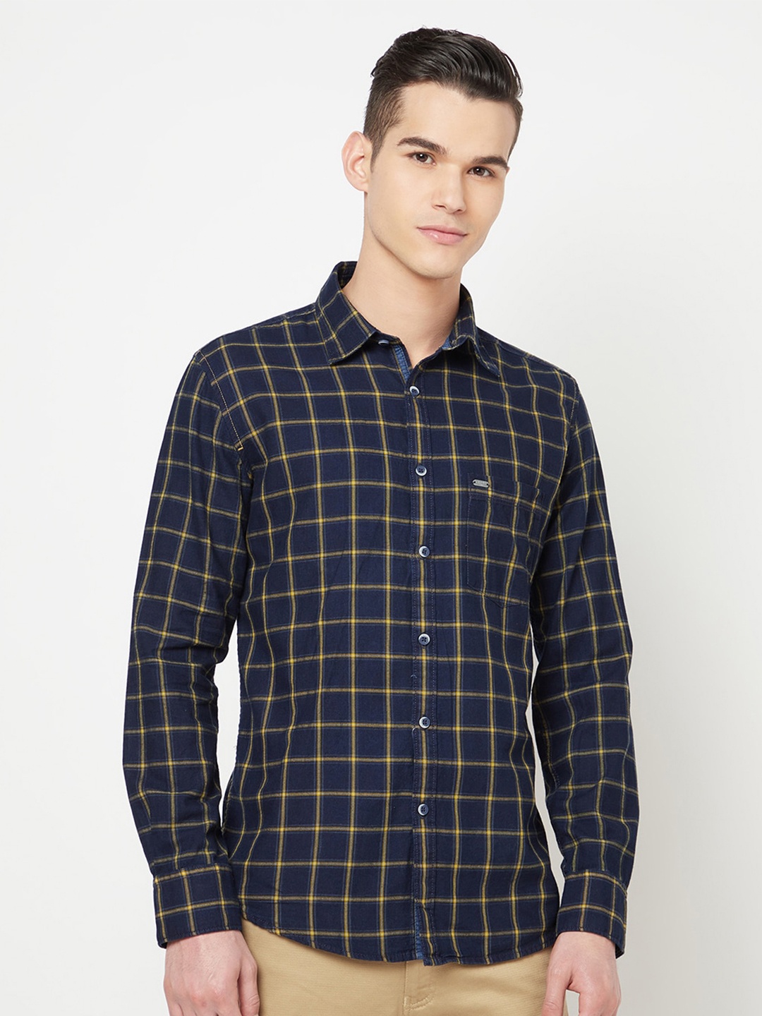 

Crimsoune Club Men Navy Blue Slim Fit Checked Pure Cotton Shirt